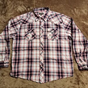 Denver Hayes  Mens Lg Classic Fit Red Navy Pearl Snap Plaid Western Shirt Cotton